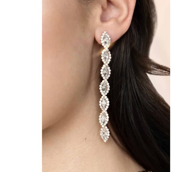 Gold Tone Rhinestone Oval Crystal Dangle Earrings - Picture 7 of 8